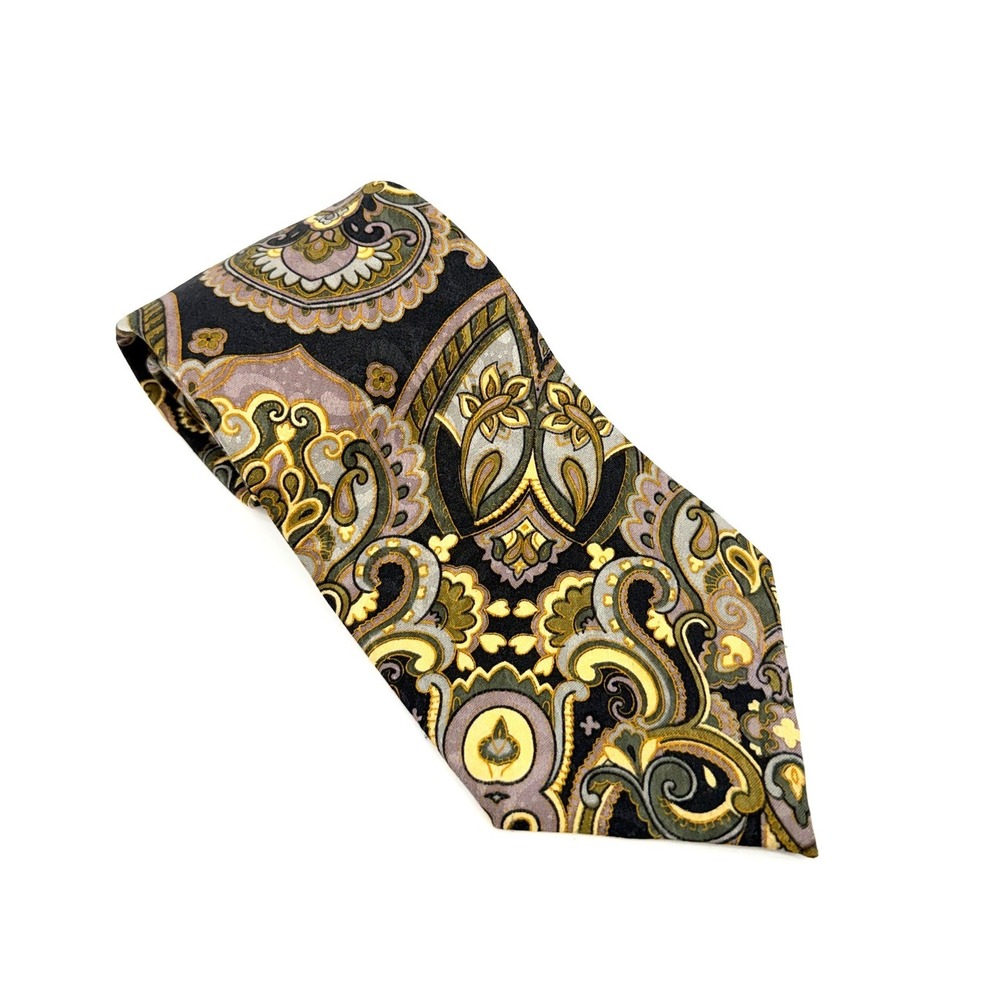 Christian Dior Monsieur Vintage Paisley Silk Feel Tie Black Gold Olive Purple